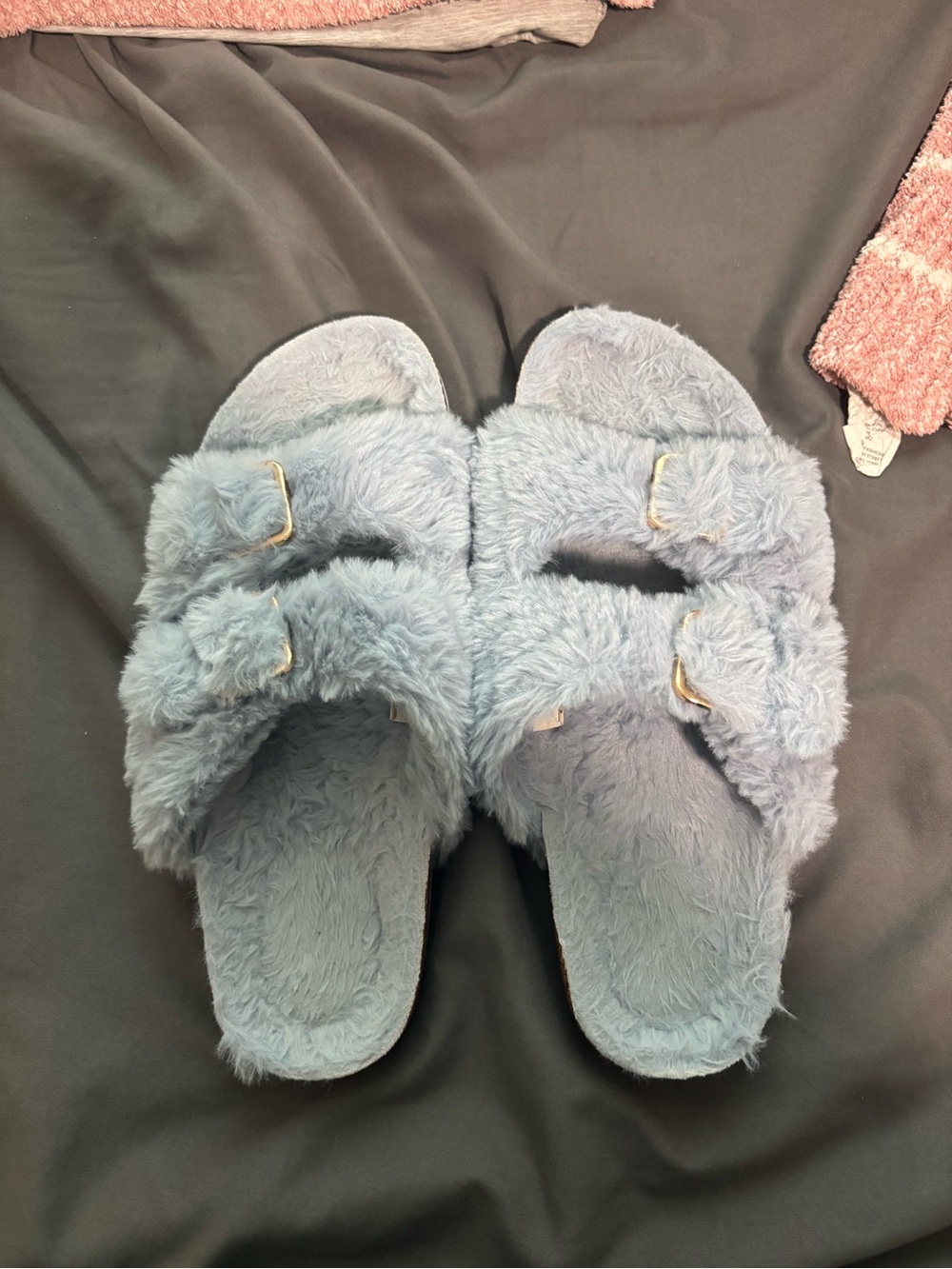 Faux Fur Slide Sandals in Light Blue - Women's Cozy Slides